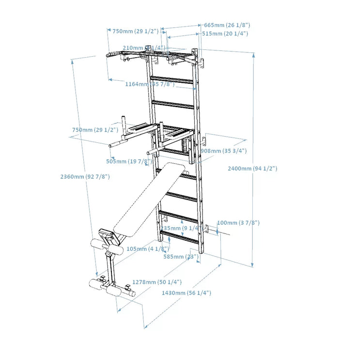 BenchK Wall Bars + Fixed Steel Pullup-Bar + Dip Bar + Bench 723B    