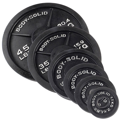 Body Solid 400lb Cast Iron Olympic Plate Set and Black Bar    