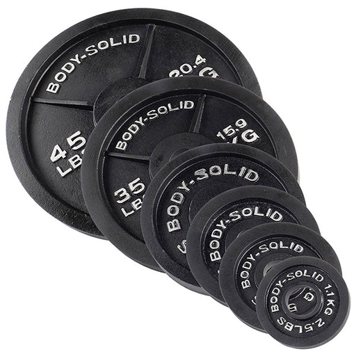 Body Solid 500lb Cast Iron Olympic Plate Set and Black Bar    