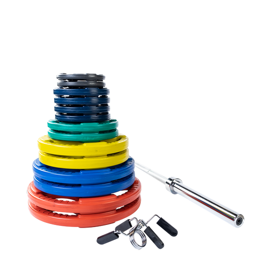 Body Solid 300lb Rubber Grip Olympic Plate Set (Color) and Chrome Bar    