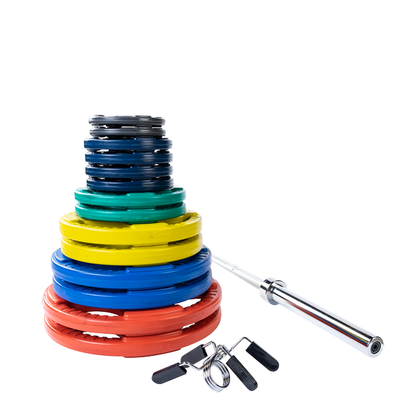 Body Solid 300lb Rubber Grip Olympic Plate Set (Color) and Chrome Bar    