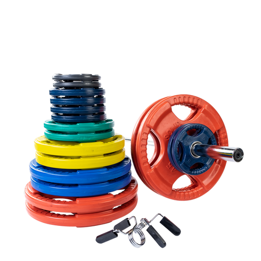 Body Solid 400lb Rubber Grip Olympic Plate Set (Color) and Chrome Bar    