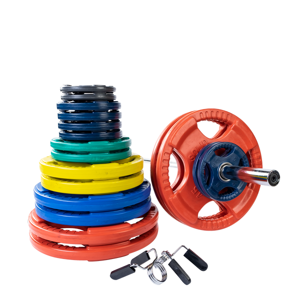 Body Solid 400lb Rubber Grip Olympic Plate Set (Color) and Chrome Bar    