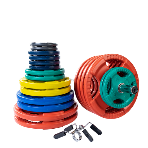 Body Solid 500lb Rubber Grip Olympic Plate Set (Color) and Chrome Bar    