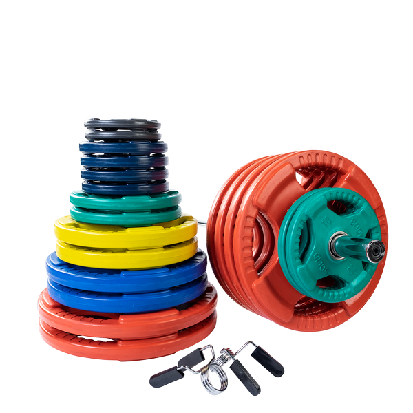 Body Solid 500lb Rubber Grip Olympic Plate Set (Color) and Chrome Bar    