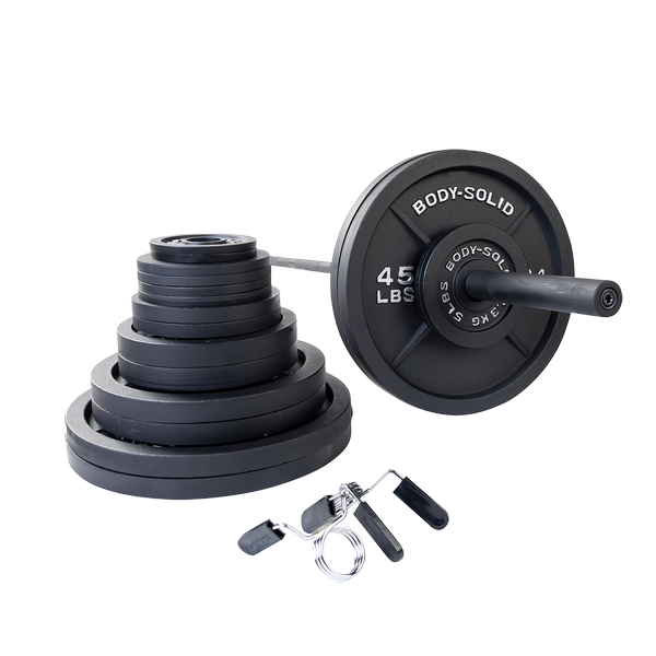 Body Solid 400lb Cast Iron Olympic Plate Set and Black Bar    