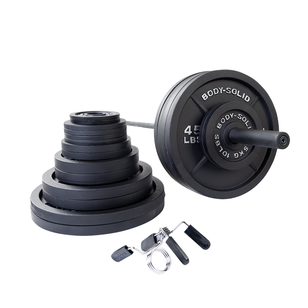 Body Solid 500lb Cast Iron Olympic Plate Set and Black Bar    